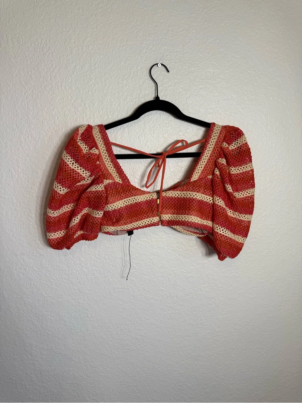 PatBO Orange and Cream Crochet Puff-Sleeve Crop Top & Ruffle Shorts Set - Picture 5 of 16